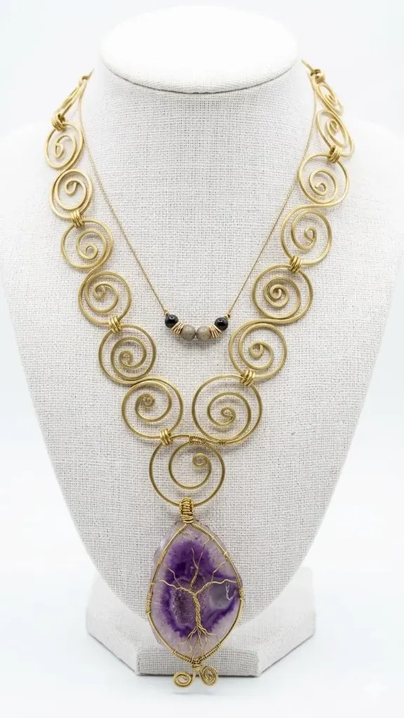 Collar de laton y agata morada de la india