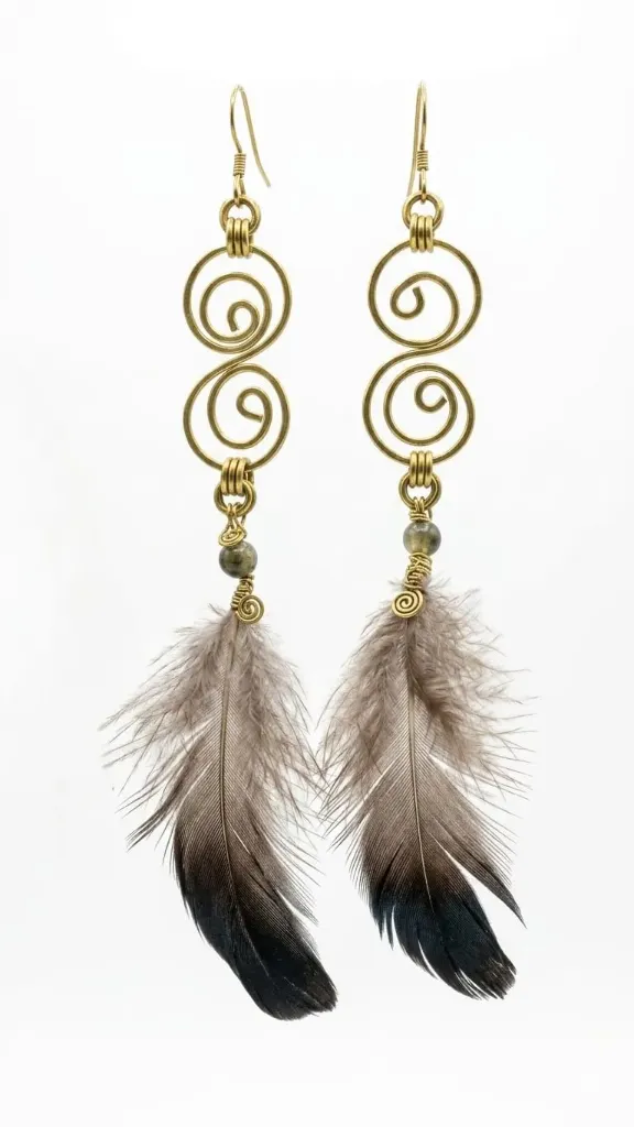 Los aretes son de laton con pluma de farsante lady